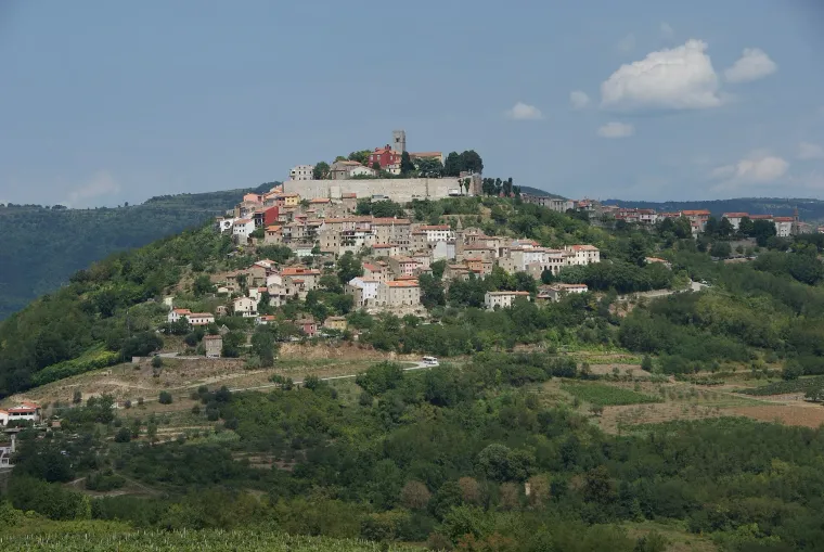 The walled hill town of Motovun seen from the south